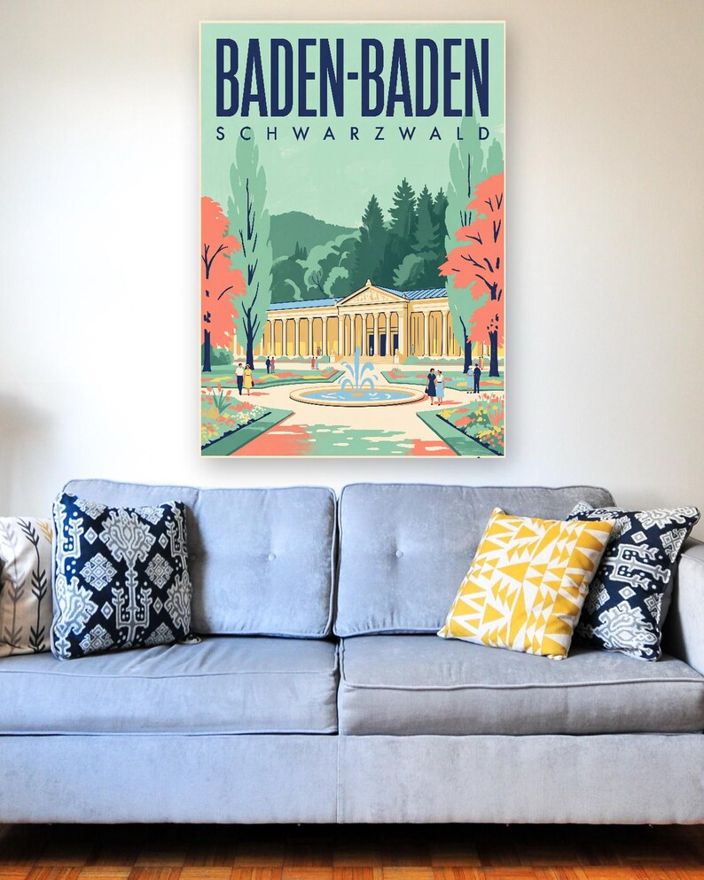 Baden-Baden Poster · Mid-Century · Schwarzwald · Retro Reiseplakat Trinkhalle & Stadt im Tal zdjęcie 3