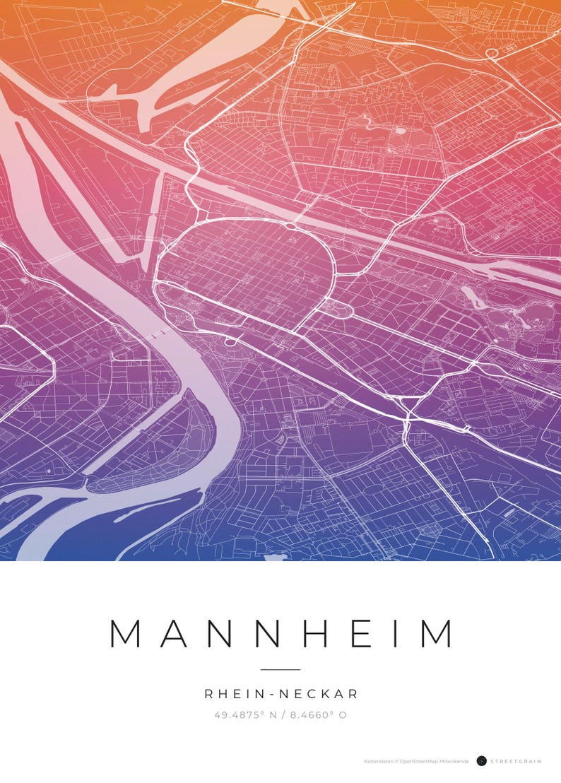 Mannheim Stadtplan Poster · Rhein-Neckar · Karte in 8 Farbwelten · Stadtkarte Wandbild Aquarell Gradient