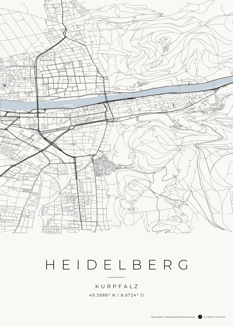Affiche de la carte de la ville d'Heidelberg · Kurpfalz · Carte déclinée en 8 couleurs · Décoration murale de carte de la ville Classic Minimal