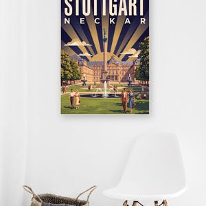 Stuttgart Poster · Art déco · Neckar · Retro Reiseplakat Schlossplatz, Fernsehturm, Grabkapelle & Schillerplatz Bild 10