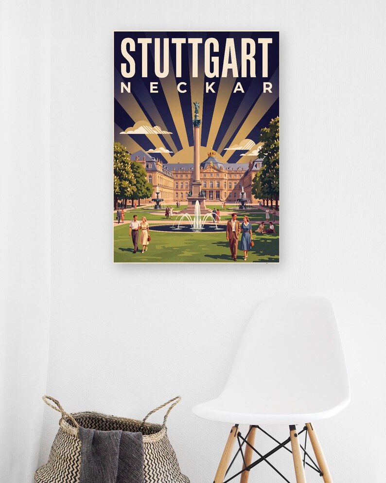 Stuttgart Poster · Art déco · Neckar · Retro Reiseplakat Schlossplatz, Fernsehturm, Grabkapelle & Schillerplatz Bild 10