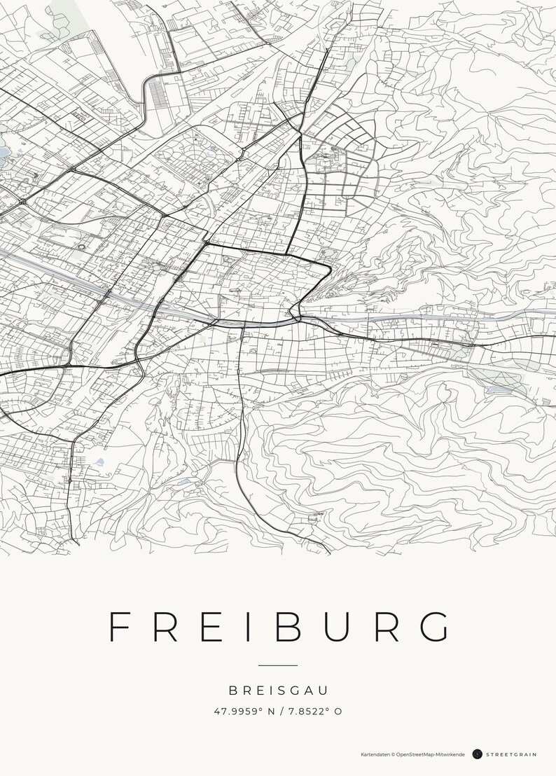 Carte de la ville de Fribourg-en-Brisgau · Carte déclinée en 8 couleurs · Décoration murale carte de ville Classic Minimal