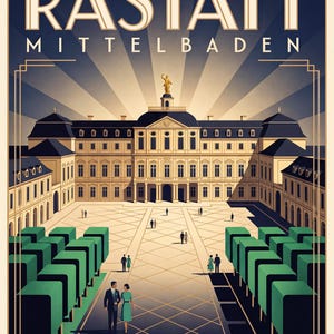 Rastatt Poster · Art déco · Mittelbaden · Retro Reiseplakat Schloss & Murg Schloss