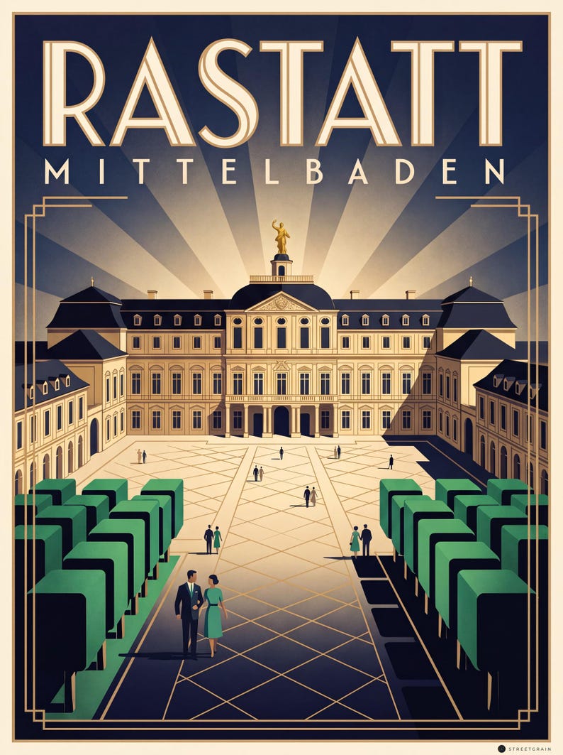 Rastatt Poster · Art déco · Mittelbaden · Retro Reiseplakat Schloss & Murg Schloss