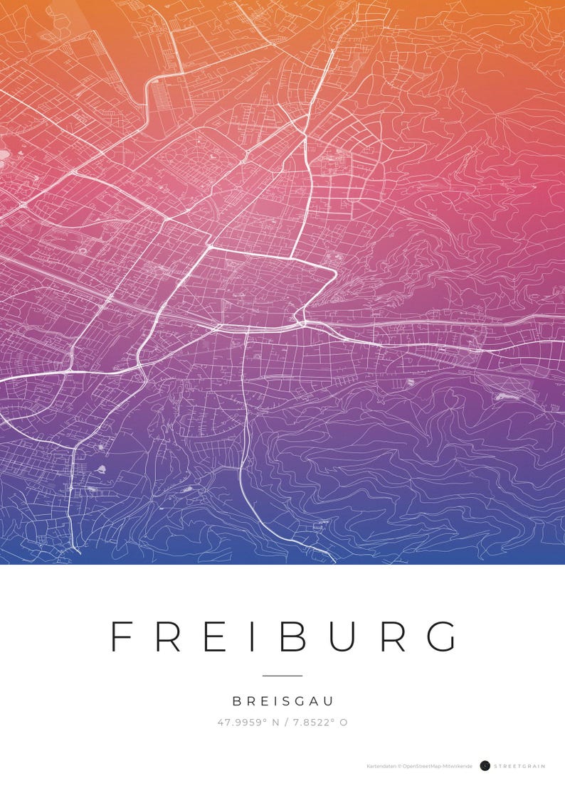 Carte de la ville de Fribourg-en-Brisgau · Carte déclinée en 8 couleurs · Décoration murale carte de ville Aquarell Gradient