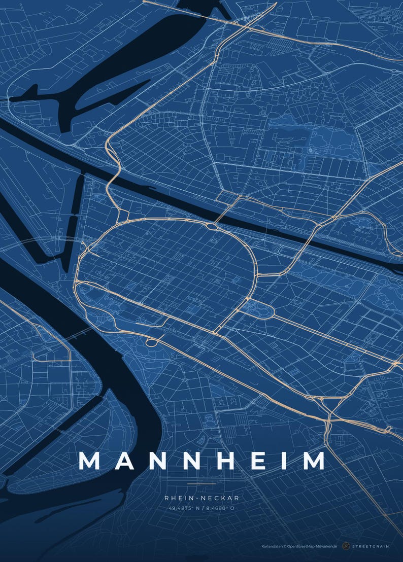 Mannheim Stadtplan Poster · Rhein-Neckar · Karte in 8 Farbwelten · Stadtkarte Wandbild Tiefblau & Eis