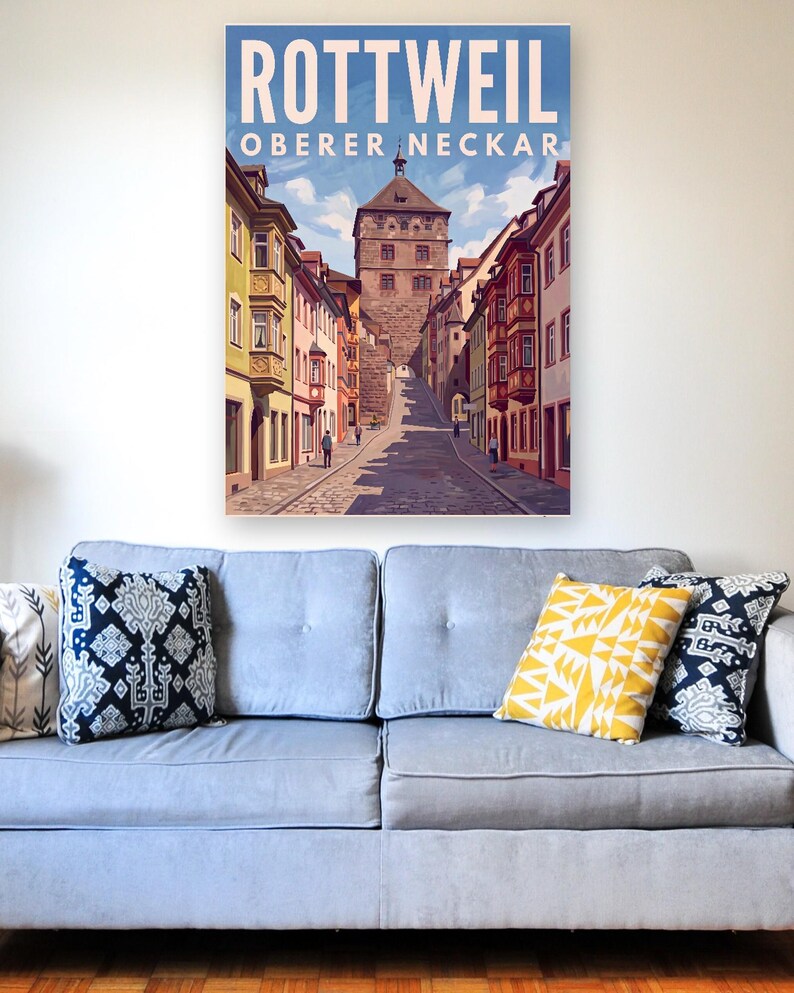 Rottweil Poster · Malerisch · Oberer Neckar · Retro Reiseplakat Schwarzes Tor, Neckartal & Kapellenturm 画像 5