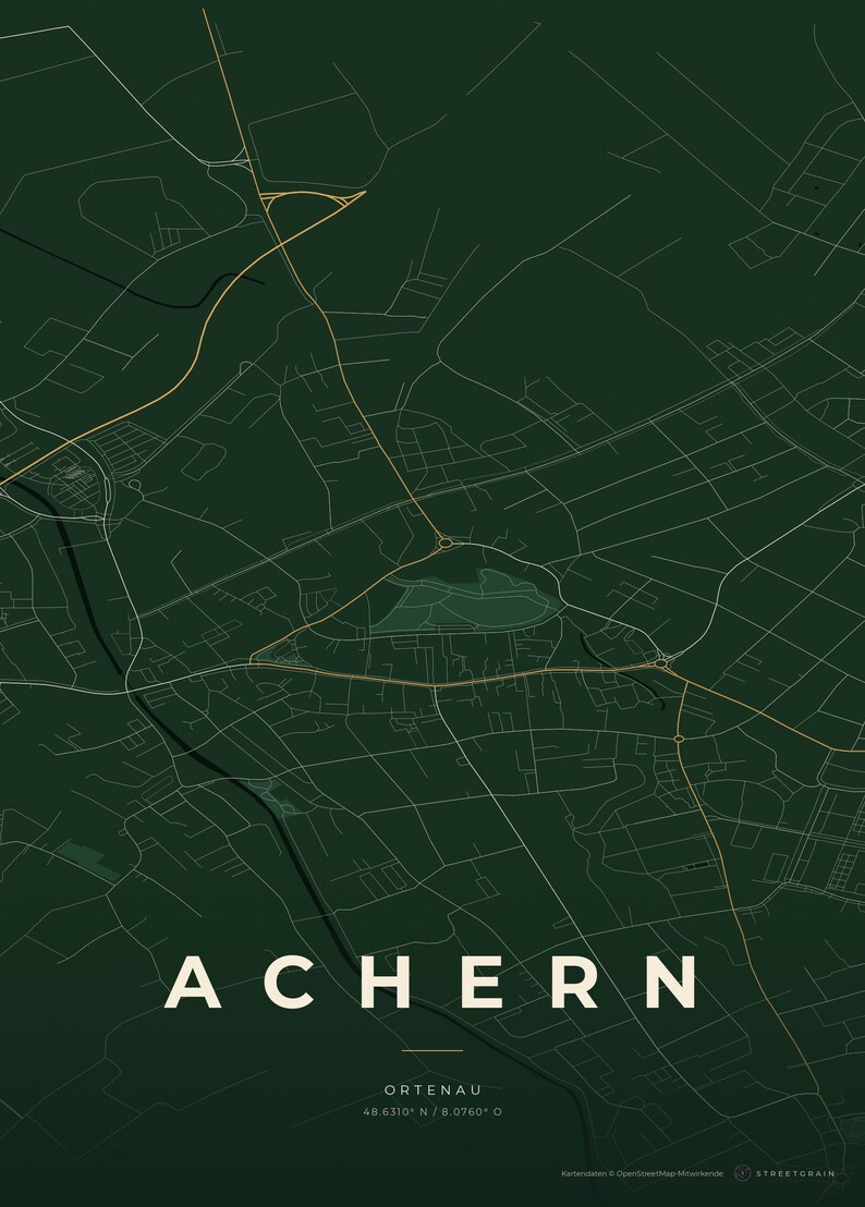 Achern City Map Poster · Ortenau · Map in 8 Color Schemes · City Map Wall Art Schwarzwald & Creme