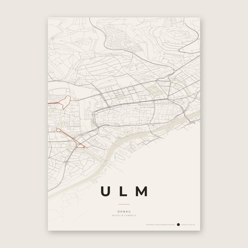 Ulm Stadtplan Poster · Donau · Karte in 8 Farbwelten · Stadtkarte Wandbild Papier & Rost