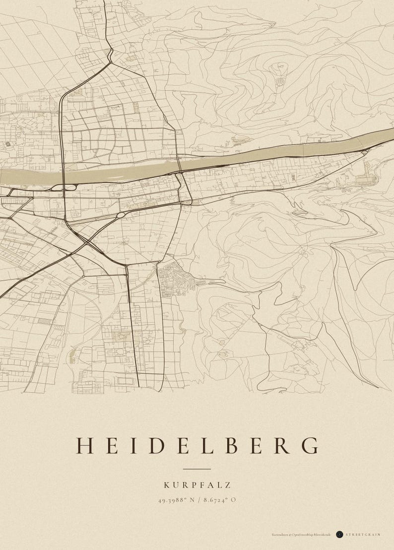 Affiche de la carte de la ville d'Heidelberg · Kurpfalz · Carte déclinée en 8 couleurs · Décoration murale de carte de la ville Vintage Sepia