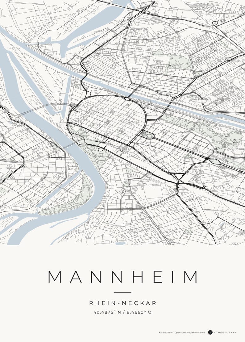 Mannheim Stadtplan Poster · Rhein-Neckar · Karte in 8 Farbwelten · Stadtkarte Wandbild Classic Minimal