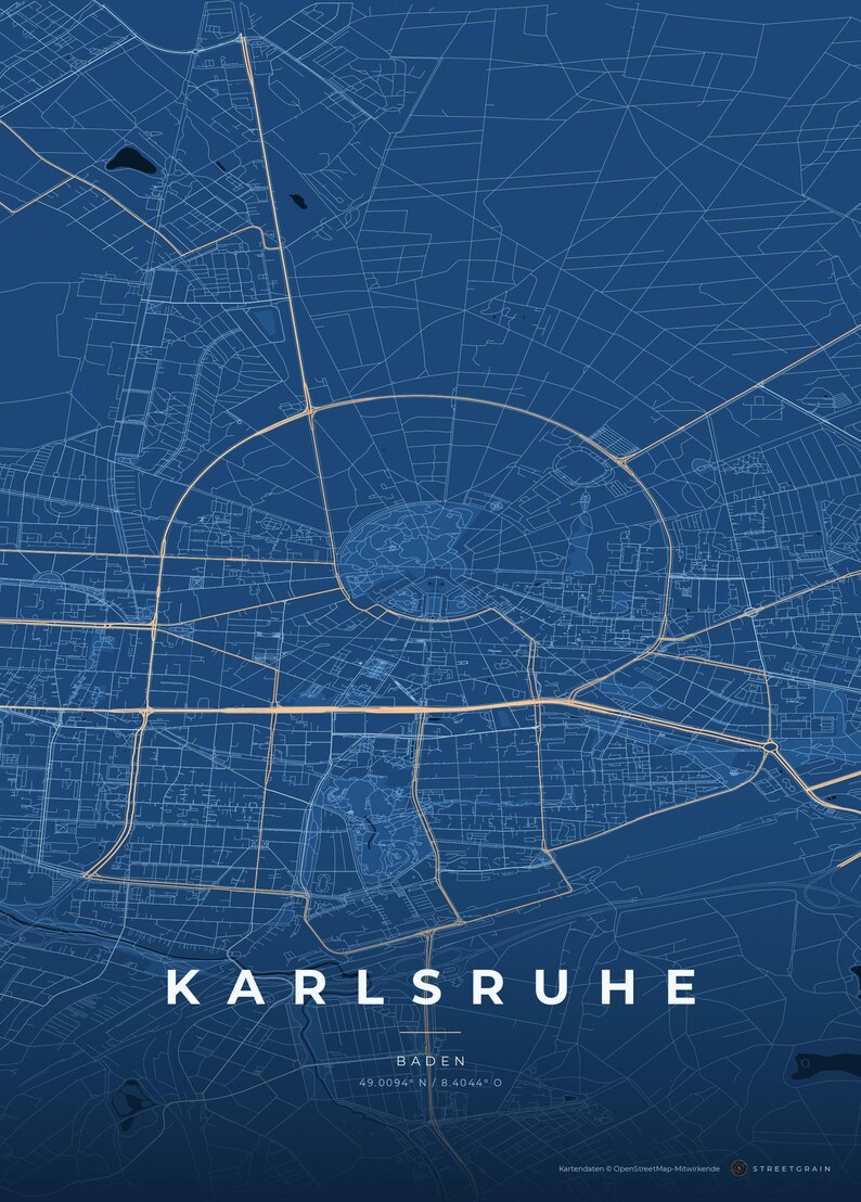 Póster del mapa de la ciudad de Karlsruhe · Baden · Mapa en 8 combinaciones de colores · Arte mural de mapas de ciudades Tiefblau & Eis