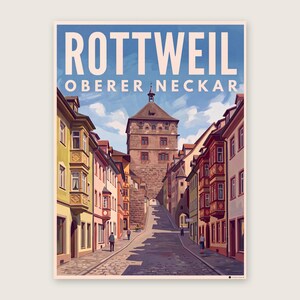 Rottweil Poster · Malerisch · Oberer Neckar · Retro Reiseplakat Schwarzes Tor, Neckartal & Kapellenturm Schwarzes Tor