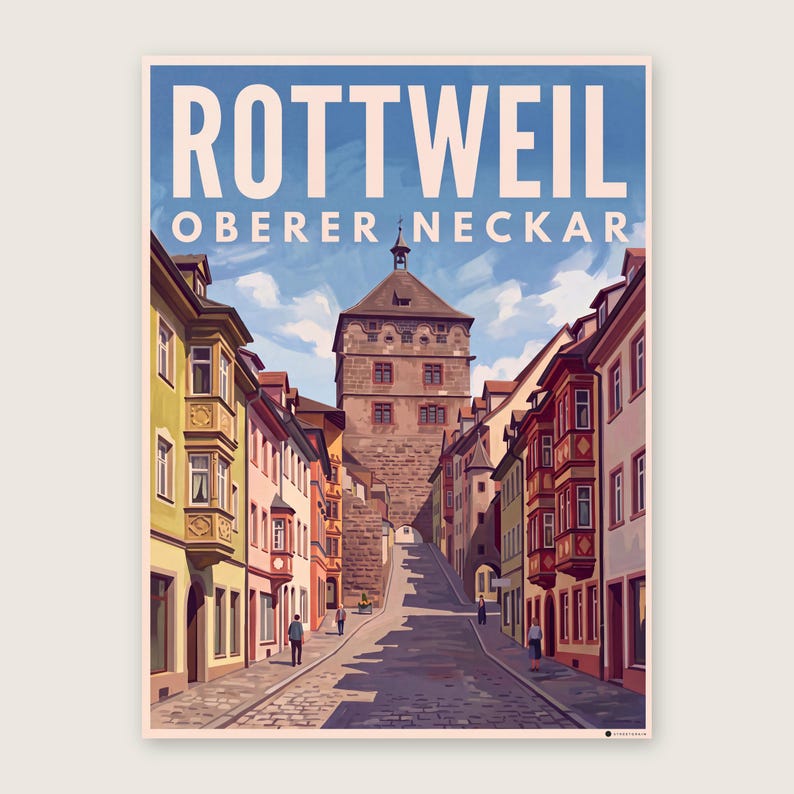 Rottweil Poster · Malerisch · Oberer Neckar · Retro Reiseplakat Schwarzes Tor, Neckartal & Kapellenturm Schwarzes Tor