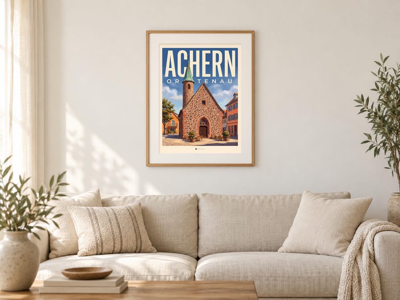 Achern Poster · Malerisch · Ortenau · Retro Reiseplakat Nikolauskapelle & Illenau 画像 1