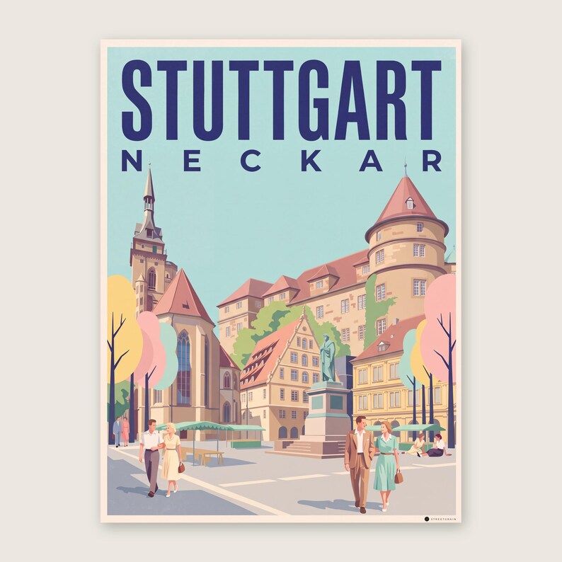 Stuttgart Poster · Mid-Century · Neckar · Retro Reiseplakat Schlossplatz, Fernsehturm, Grabkapelle & Schillerplatz Schillerplatz