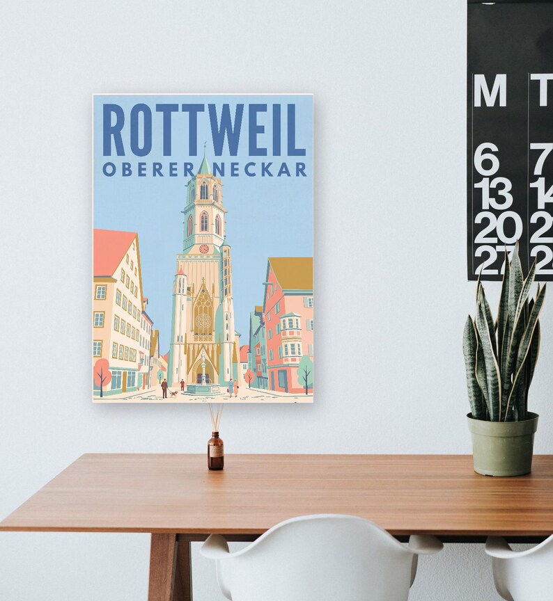 Rottweil Poster · Mid-Century · Oberer Neckar · Retro Reiseplakat Schwarzes Tor, Neckartal & Kapellenturm imagen 13