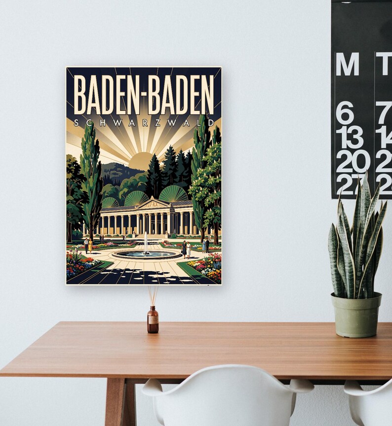 Baden-Baden Poster · Art déco · Schwarzwald · Retro Reiseplakat Trinkhalle & Stadt im Tal 画像 7