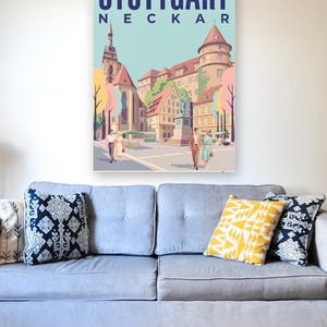 Stuttgart Poster · Mid-Century · Neckar · Retro Reiseplakat Schlossplatz, Fernsehturm, Grabkapelle & Schillerplatz Bild 9
