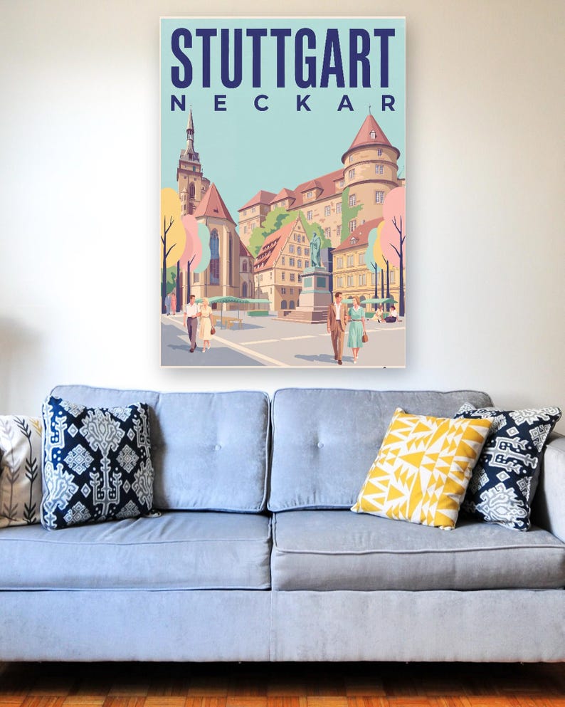 Stuttgart Poster · Mid-Century · Neckar · Retro Reiseplakat Schlossplatz, Fernsehturm, Grabkapelle & Schillerplatz Bild 9