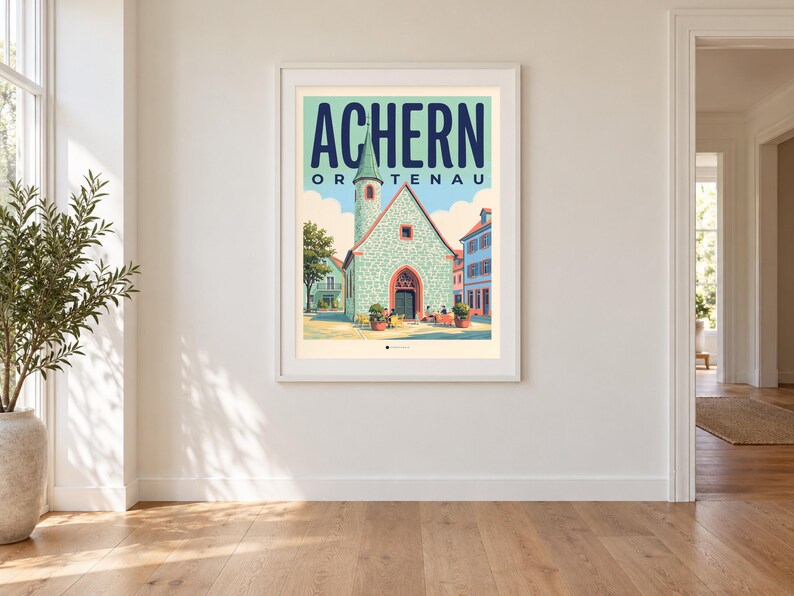 Achern Poster · Mid-Century · Ortenau · Retro Reiseplakat Nikolauskapelle & Illenau Bild 1