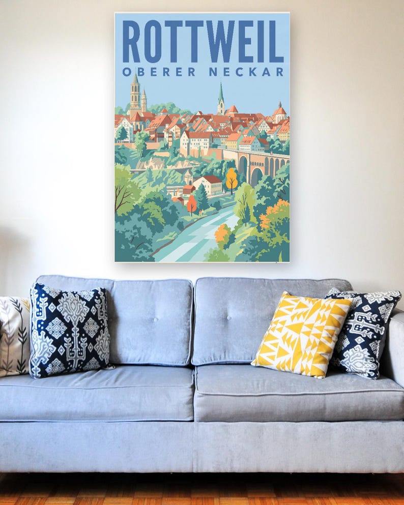 Rottweil Poster · Mid-Century · Oberer Neckar · Retro Reiseplakat Schwarzes Tor, Neckartal & Kapellenturm imagen 6