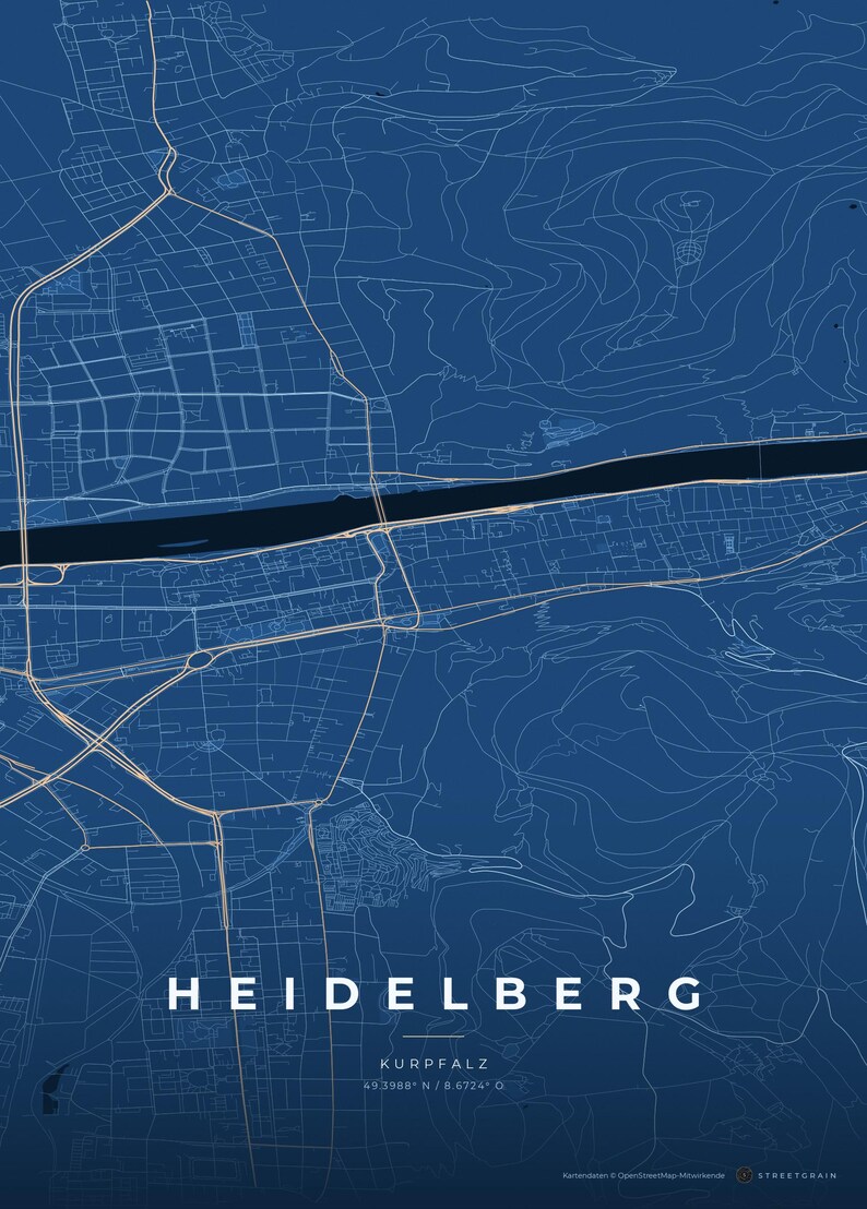 Affiche de la carte de la ville d'Heidelberg · Kurpfalz · Carte déclinée en 8 couleurs · Décoration murale de carte de la ville Tiefblau & Eis