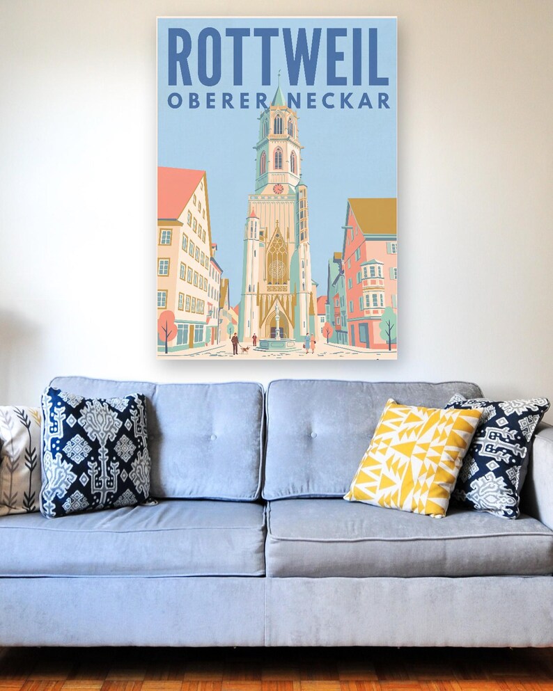 Rottweil Poster · Mid-Century · Oberer Neckar · Retro Reiseplakat Schwarzes Tor, Neckartal & Kapellenturm imagen 7