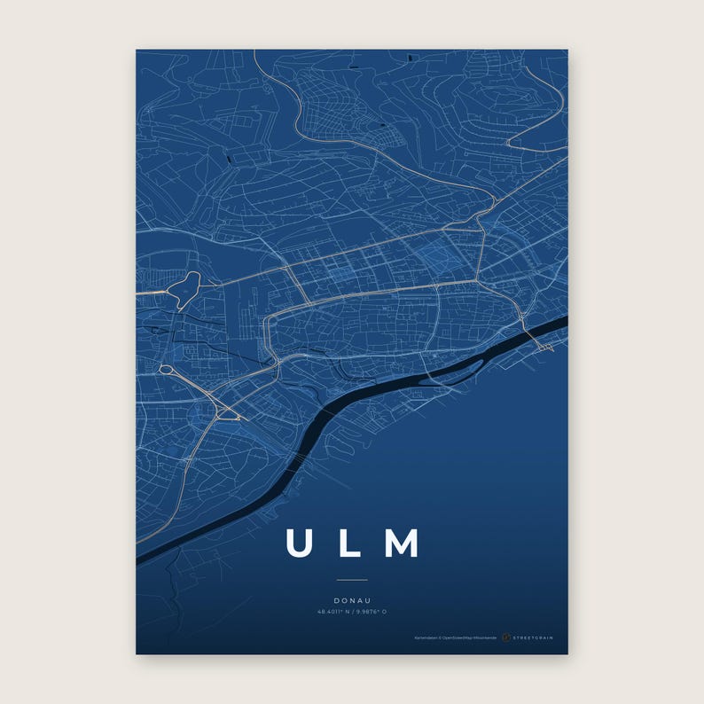 Ulm Stadtplan Poster · Donau · Karte in 8 Farbwelten · Stadtkarte Wandbild Tiefblau & Eis
