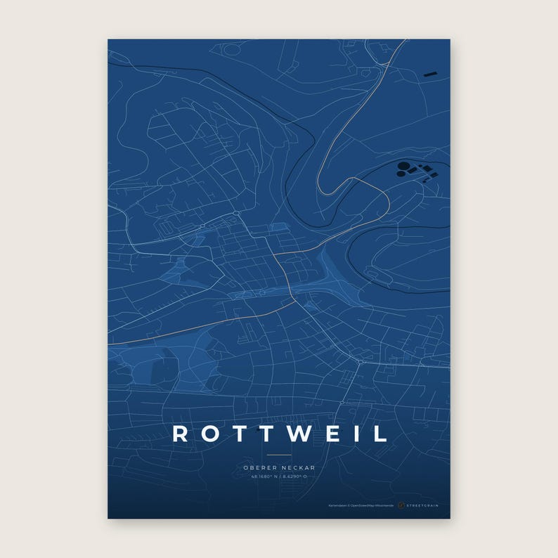 Rottweil Stadtplan Poster · Oberer Neckar · Karte in 8 Farbwelten · Stadtkarte Wandbild Tiefblau & Eis