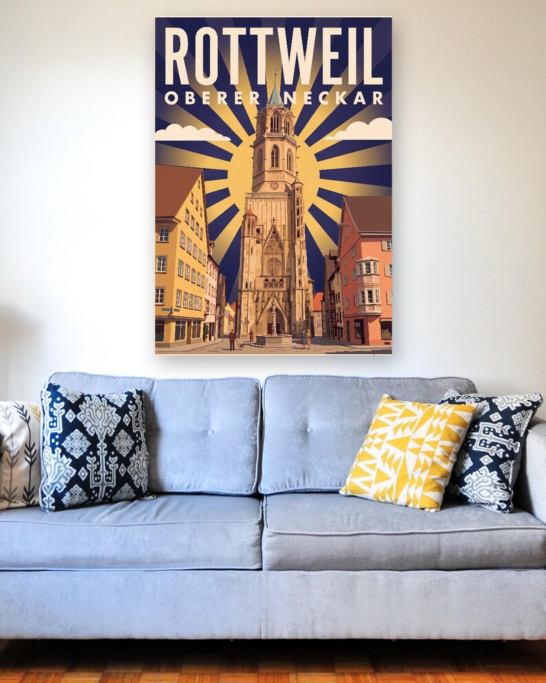 Rottweil Poster · Art déco · Oberer Neckar · Retro Reiseplakat Schwarzes Tor, Neckartal & Kapellenturm imagen 7