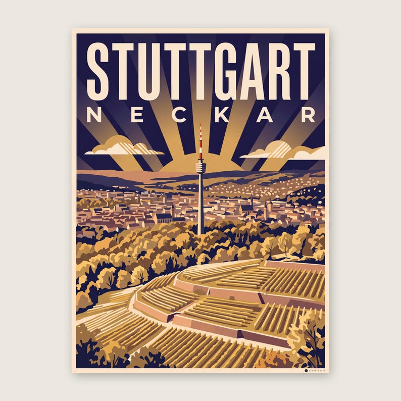Stuttgart Poster · Art déco · Neckar · Retro Reiseplakat Schlossplatz, Fernsehturm, Grabkapelle & Schillerplatz Fernsehturm