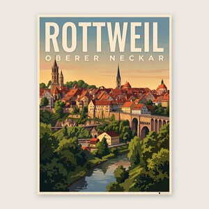 Rottweil Poster · Malerisch · Oberer Neckar · Retro Reiseplakat Schwarzes Tor, Neckartal & Kapellenturm Neckartal