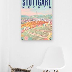 Stuttgart Poster · Mid-Century · Neckar · Retro Reiseplakat Schlossplatz, Fernsehturm, Grabkapelle & Schillerplatz Bild 11