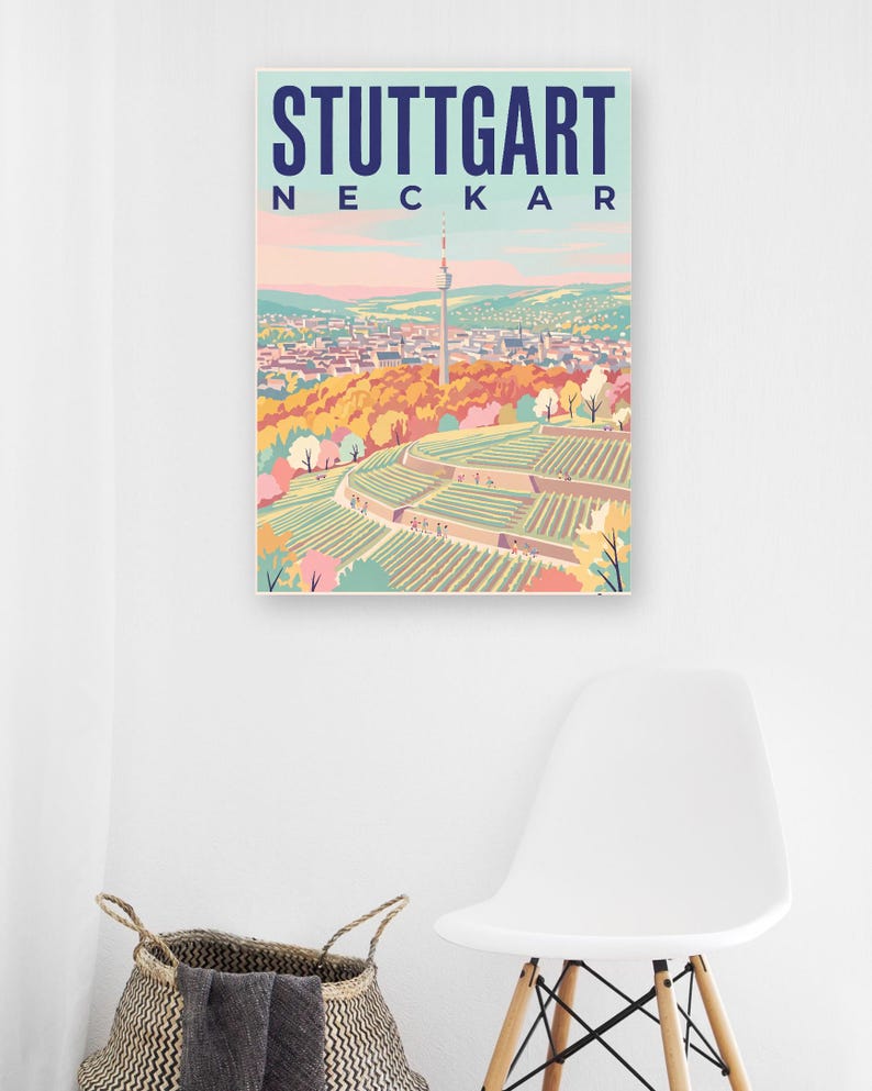 Stuttgart Poster · Mid-Century · Neckar · Retro Reiseplakat Schlossplatz, Fernsehturm, Grabkapelle & Schillerplatz Bild 11