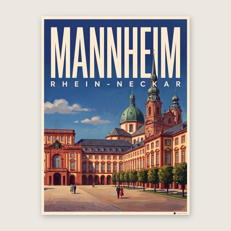 Mannheim Poster · Malerisch · Rhein-Neckar · Retro Reiseplakat Wasserturm & Schloss Schloss