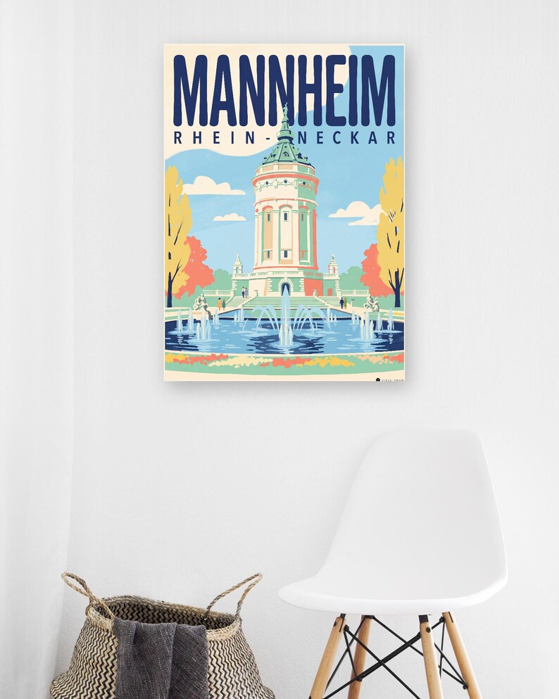 Mannheim Poster · Mid-Century · Rhine-Neckar · Retro Travel Poster Water Tower & Castle image 6