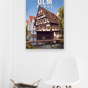 Ulm Poster · Malerisch · Donau · Retro Reiseplakat Münster, Schiefes Haus & Donau Bild 9