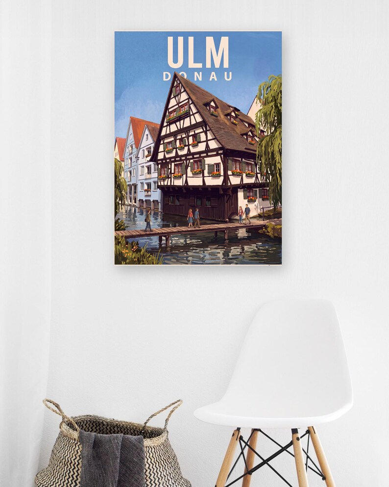 Ulm Poster · Malerisch · Donau · Retro Reiseplakat Münster, Schiefes Haus & Donau Bild 9