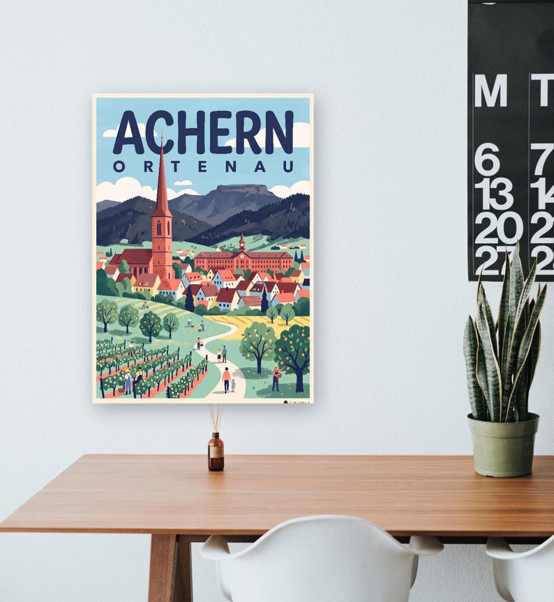 Achern Poster · Mid-Century · Ortenau · Retro Reiseplakat Nikolauskapelle & Illenau Bild 8
