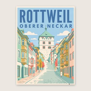 Rottweil Poster · Mid-Century · Oberer Neckar · Retro Reiseplakat Schwarzes Tor, Neckartal & Kapellenturm Schwarzes Tor