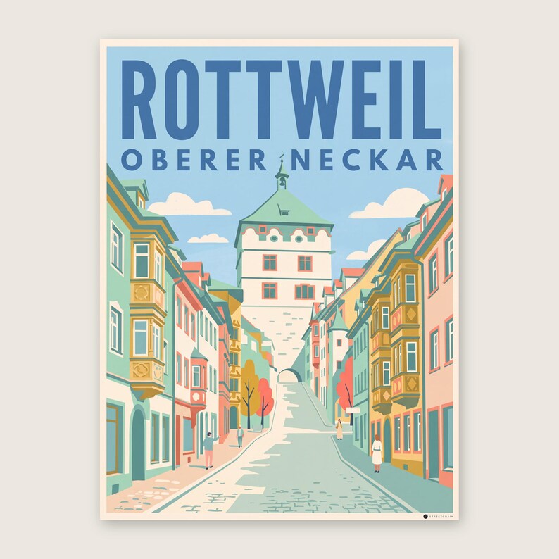 Rottweil Poster · Mid-Century · Oberer Neckar · Retro Reiseplakat Schwarzes Tor, Neckartal & Kapellenturm Schwarzes Tor