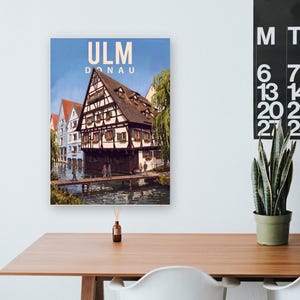 Ulm Poster · Malerisch · Donau · Retro Reiseplakat Münster, Schiefes Haus & Donau Bild 12