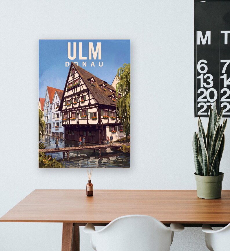 Ulm Poster · Malerisch · Donau · Retro Reiseplakat Münster, Schiefes Haus & Donau Bild 12