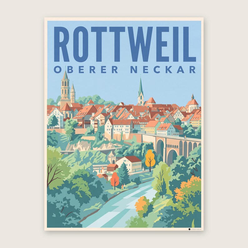 Rottweil Poster · Mid-Century · Oberer Neckar · Retro Reiseplakat Schwarzes Tor, Neckartal & Kapellenturm Neckartal