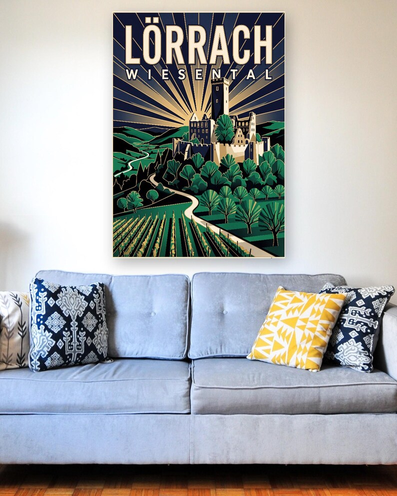 Lörrach Poster · Art déco · Wiesental · Retro Reiseplakat Burg Rötteln & Tüllinger Berg zdjęcie 3
