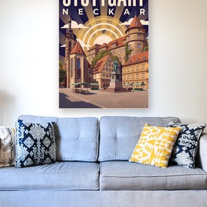 Stuttgart Poster · Art déco · Neckar · Retro Reiseplakat Schlossplatz, Fernsehturm, Grabkapelle & Schillerplatz Bild 9