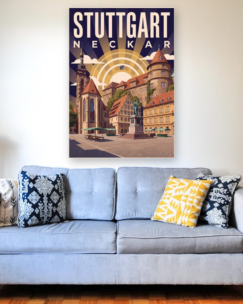 Stuttgart Poster · Art déco · Neckar · Retro Reiseplakat Schlossplatz, Fernsehturm, Grabkapelle & Schillerplatz Bild 9