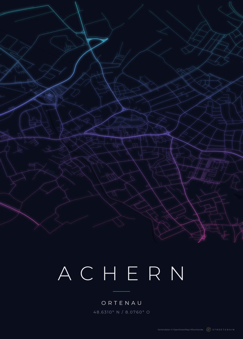 Achern City Map Poster · Ortenau · Map in 8 Color Schemes · City Map Wall Art Neon Nights