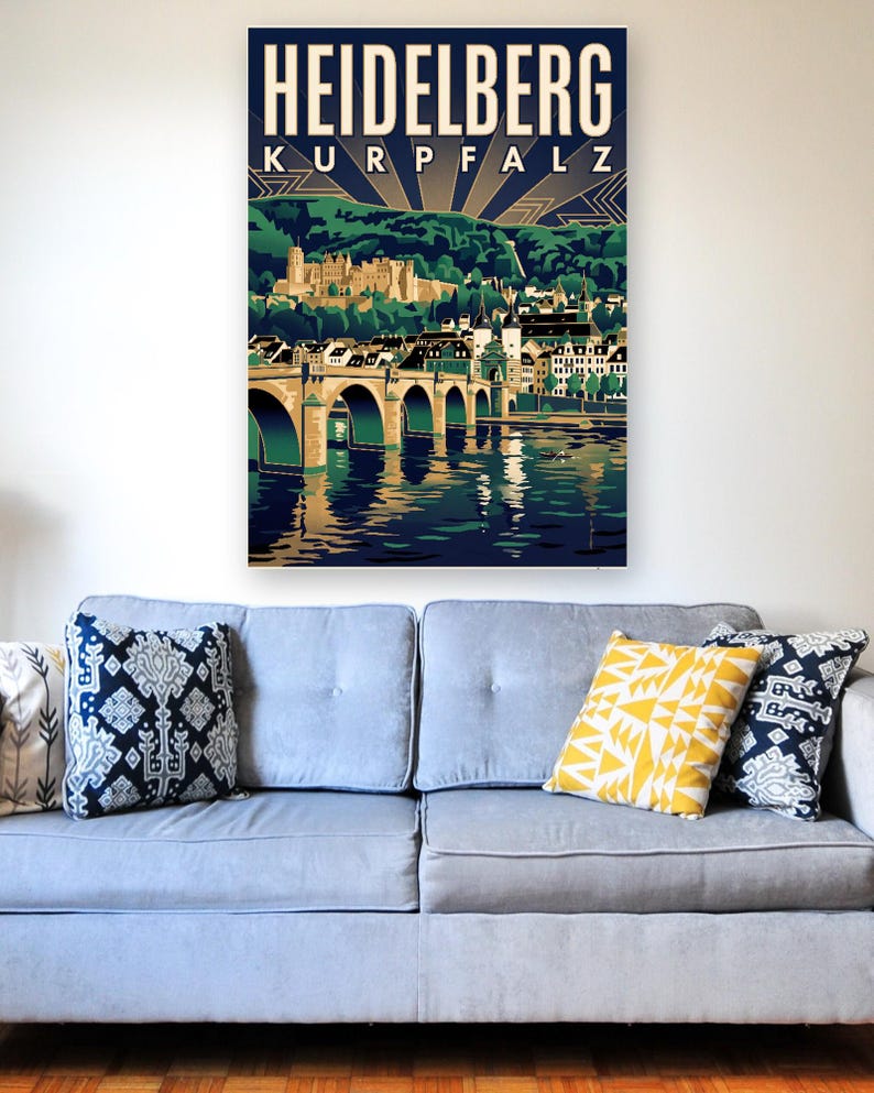 Heidelberg Poster · Art déco · Kurpfalz · Retro Reiseplakat Alte Brücke & Schloss Bild 3